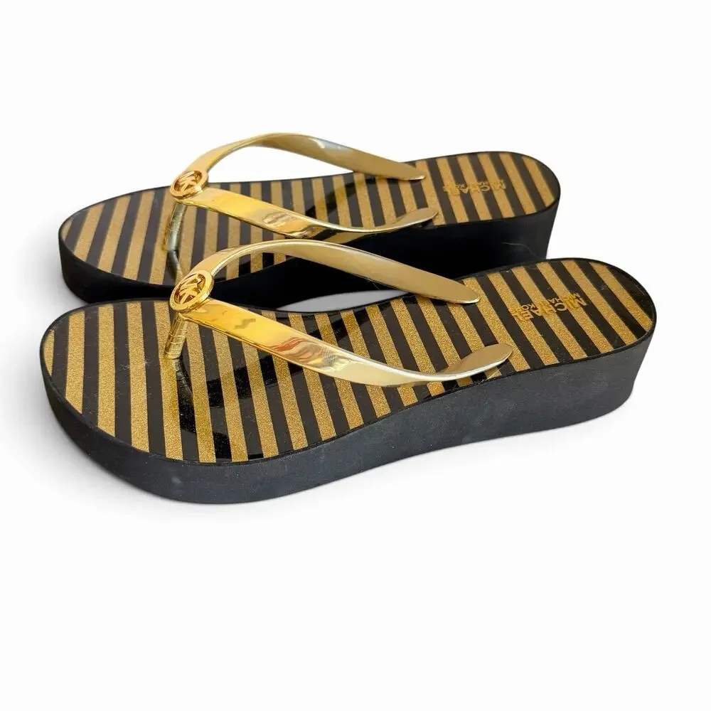 Michael Kors MK Platform Flip Flops Black Gold Striped Sandals Womens Sz 8
